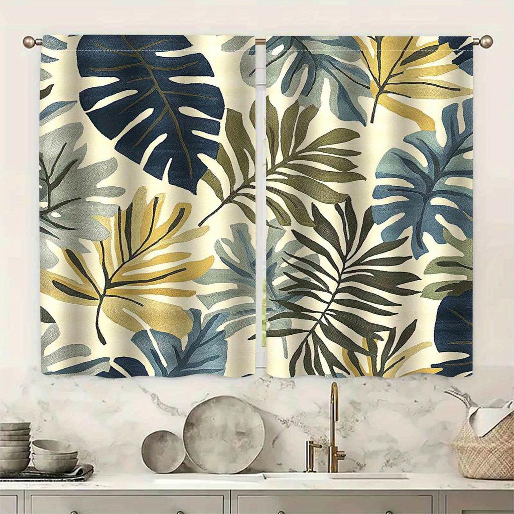 2pc Tropical leaf print curtains, polyester fabric, machine washable, suitable for bedroom, living room, office decoration