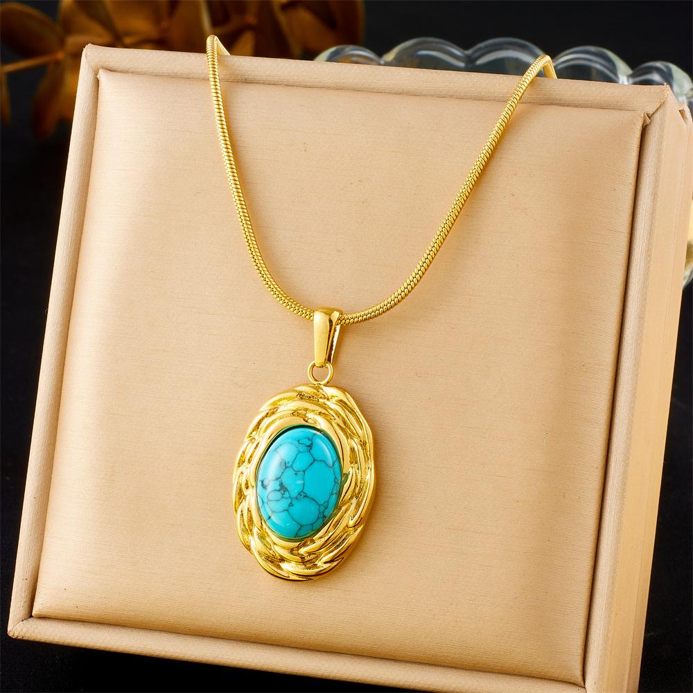 Titanium Steel Vintage Turquoise Pendant Necklace with Snake Chain for Women one size
