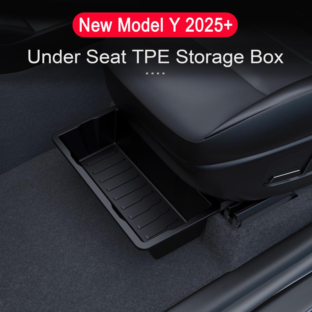 For Tesla Model Y Juniper 2025 Front Rear Under Seat Storage Box Bins Center Console Organizer Hidden Drawer Travel Accessories