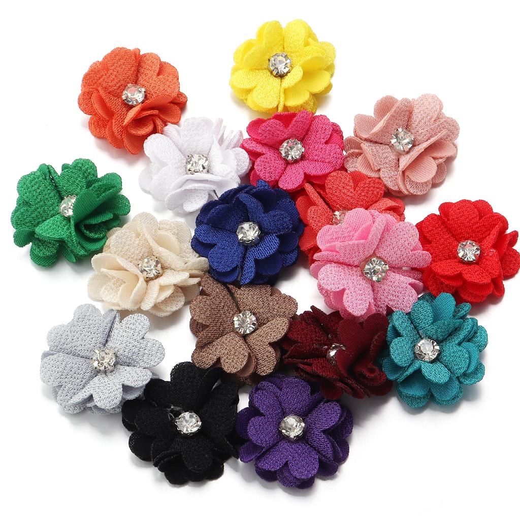 10pcs Colorful Fabric Flower 3.5cm Rhinestone Flower Core Pearl Hemp Flower Applique For DIY Clothing Sewing Headwear Decoration