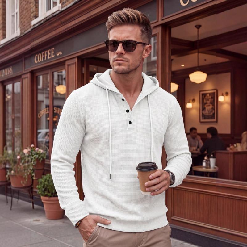 Mens Casual Waffle Knit Henley Hoodie