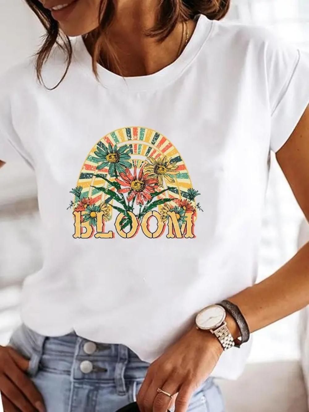 Flower Books Short Sleeve Casual Ladies Fashion FeUnisex Graphic Tee Women Love Heart Watercolor Sweet Print Tshirts Daily Wear S
