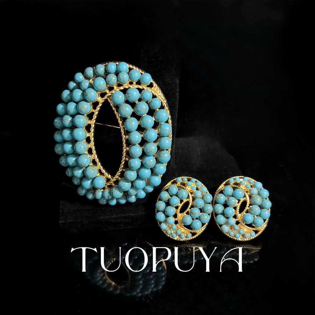Vintage Turquoise Inlaid Brooch and Earrings Set - Elegant Retro Design