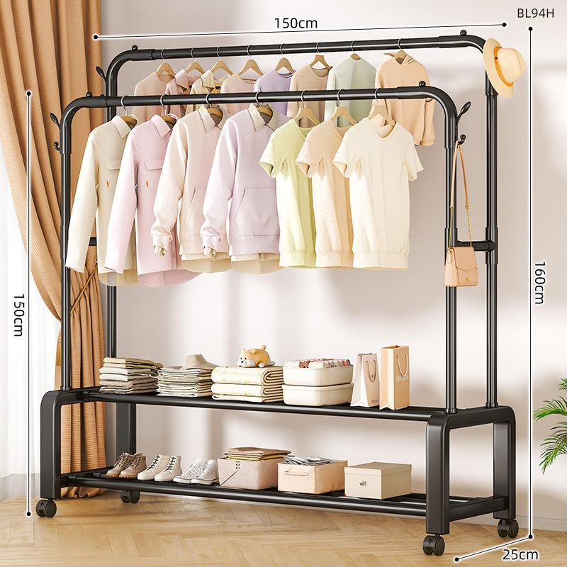 Plastic Floor-Standing Balcony and Bedroom Clothes & Hat Rack, with Folding Drying Pole and Storage.