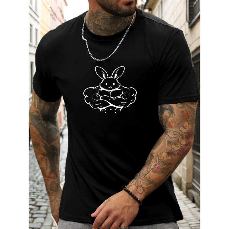 European Size Men's Muscular Rabbit Graphic Summer Casual Crew Neck Short Sleeve T-Shirt