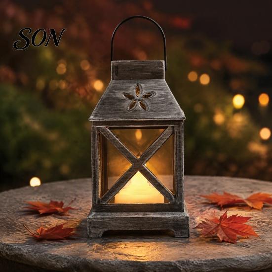 Indoor Outdoor Garden Light Decorative Lantern with LED Candle, Battery Operated Flickering Flame Lamp, Vintage Safe Flameless Candle Hanging