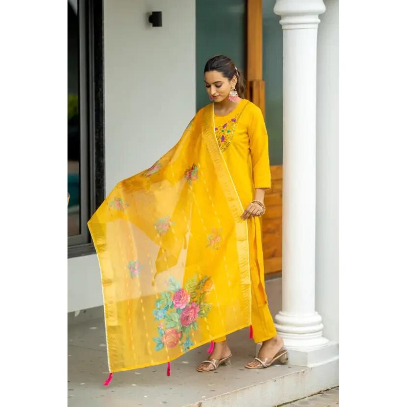 Indian Pakistani Women Cotton Rayon Kurti Pant Dupatta Set Salwar Kameez Dress SC-2247