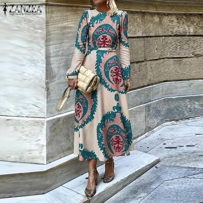 

ZANZEA Женское повседневное платье с круглым вырезом и длинными рукавами с принтом