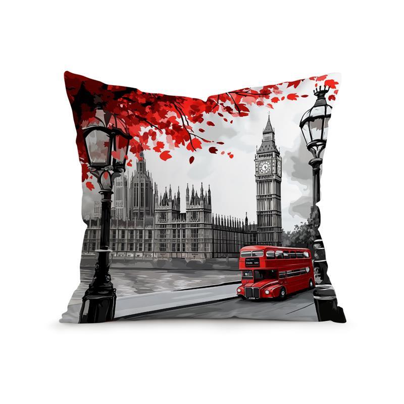 

Home Decor London Icons with Red Autumn Leaves Pillowcase Pattern Cushion Cover Suitable for Sofa Bedroom Car Pillow Cover 16x16Inch