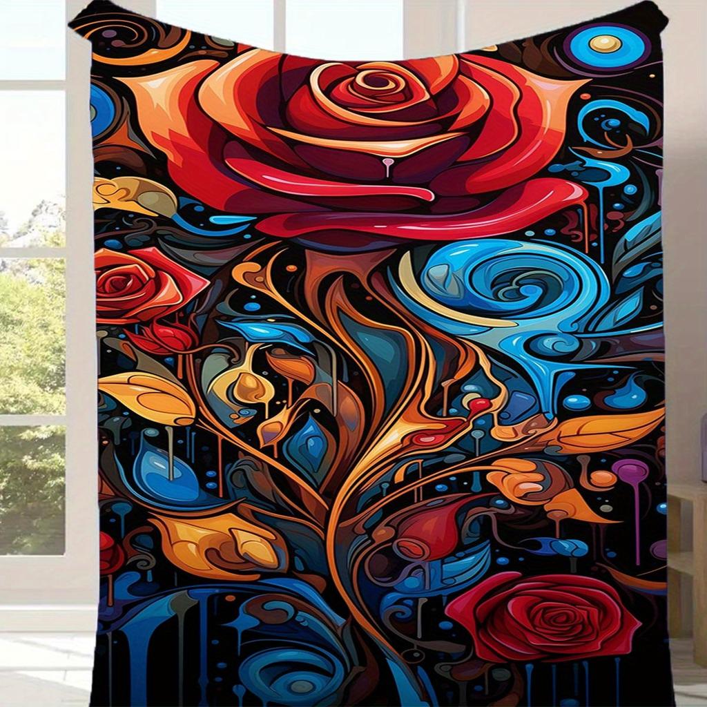 1pc Rose Print Blanket, Flannel Blanket, Soft Warm Throw Blanket Nap Blanket For Couch Sofa Office Bed Camping Travel