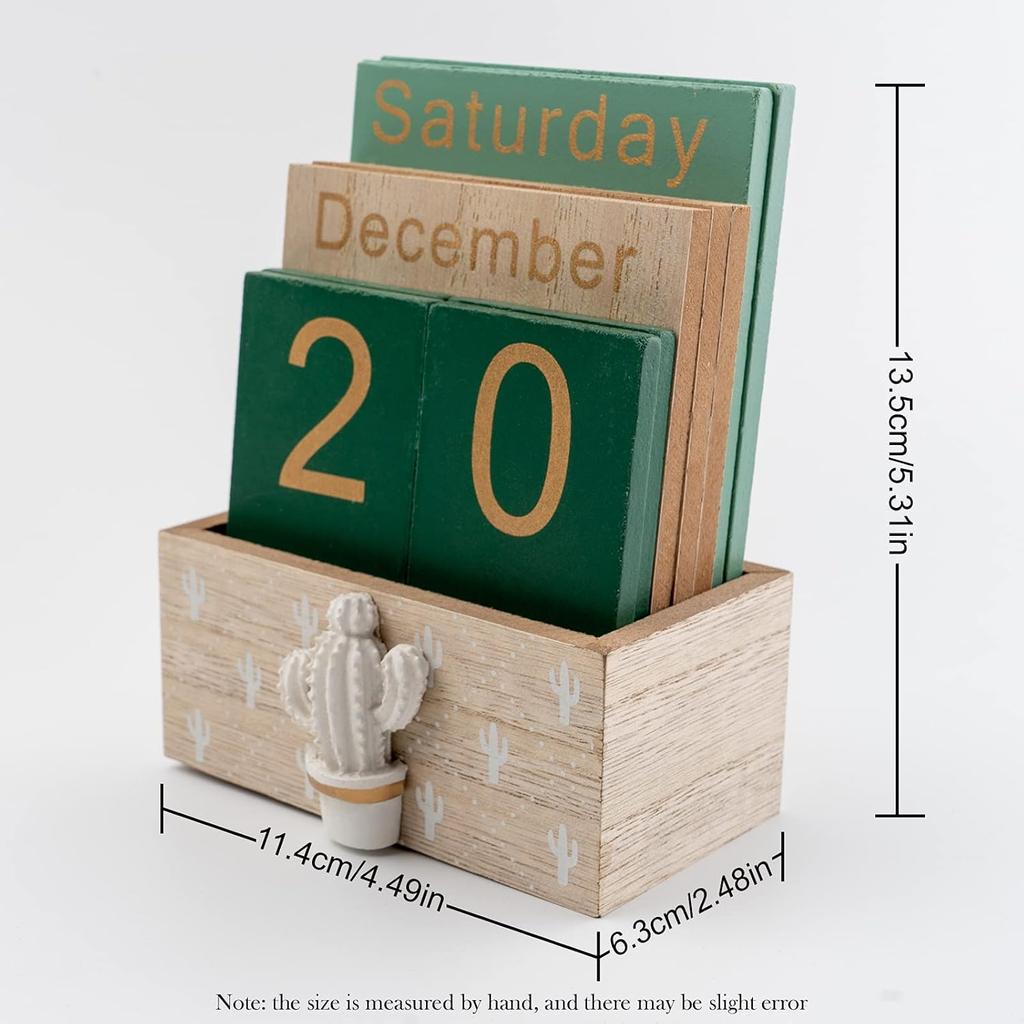 Desktop Perpetual Calendar Wooden Block Retro Calendar for Livingroom Office Shop Bar Desk Decor Week Month Day Display (Green cactus)