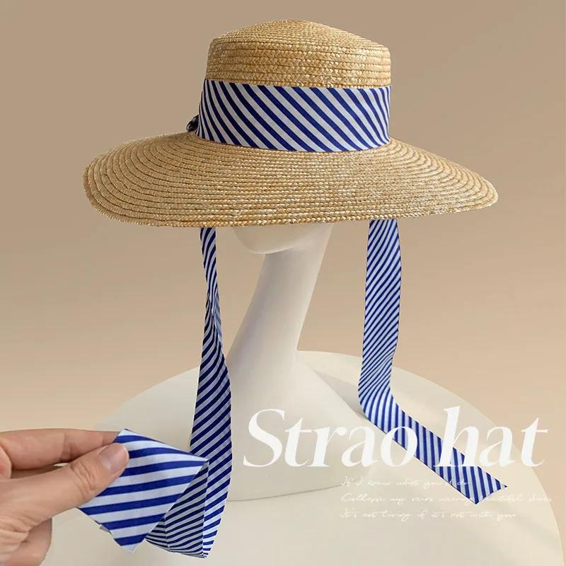 

Natural Grass Wide Brim Sun Hat Straw Women Stripe Blue White Beach Hats Girls Personalized Summer Beach Hat Trip Bride белый