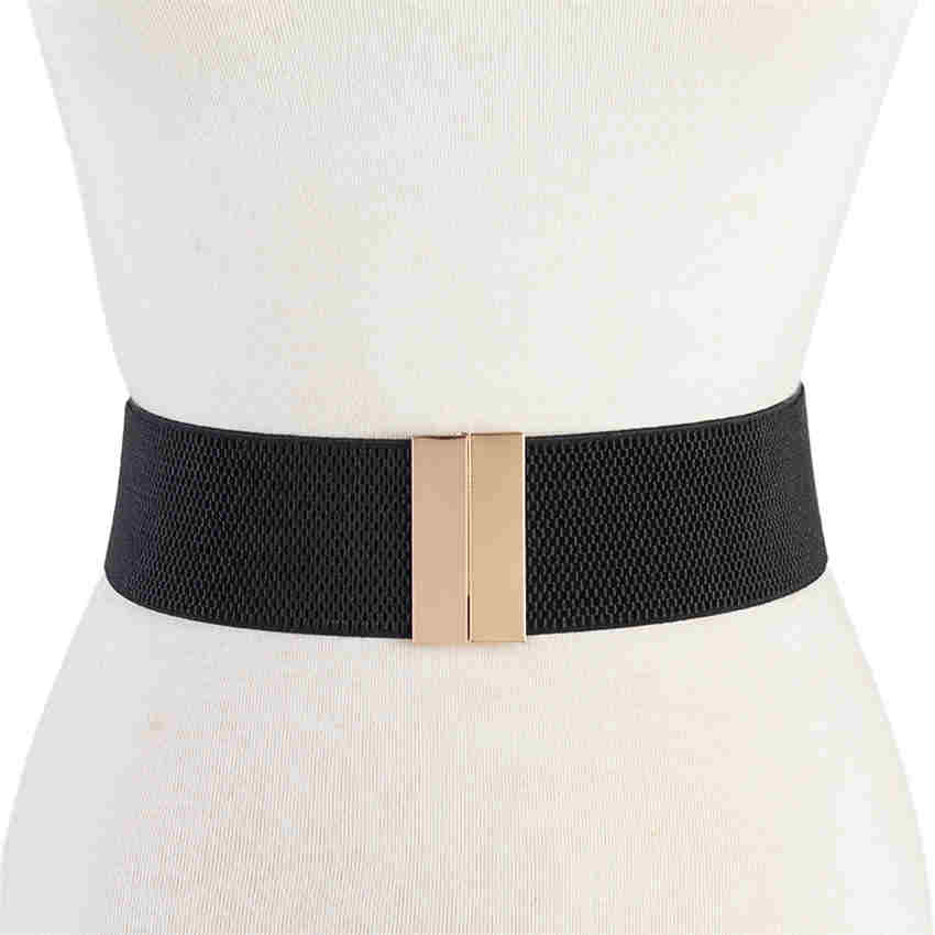 Fashion Females Elastic Wide Belt Women Waistbands Black Strap Gold Buckle Cummerbund