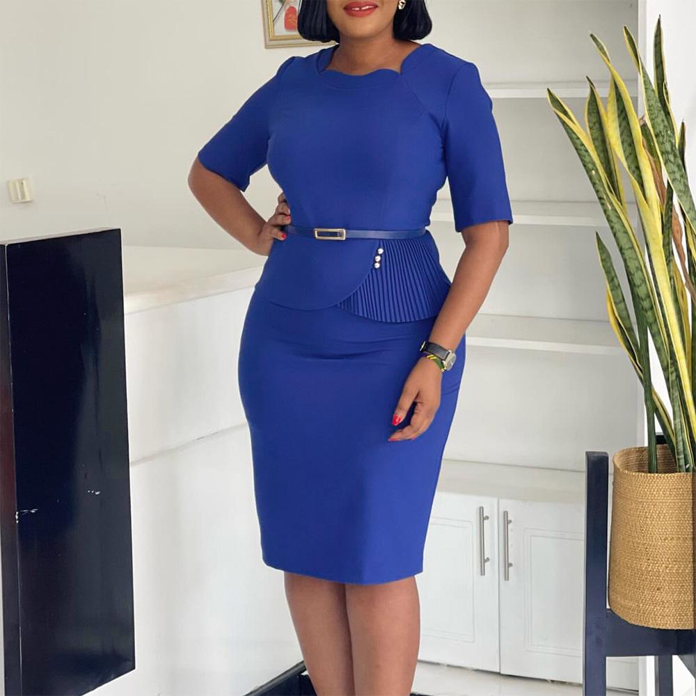 

Spring Autumn Dress Woman Square Neck Half Sleeve Package Hips Dress Plus Size Belt OL Dress 2026 New S синий