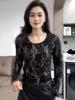 2025 Chic Black Versatile High-End Lace Fleece Long-Sleeved Top