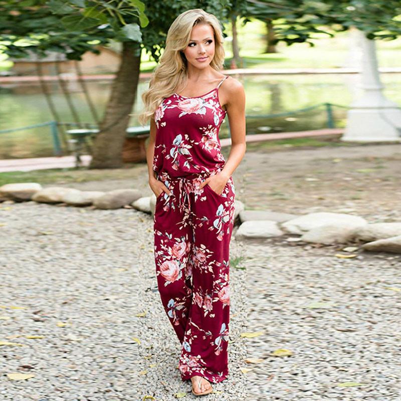 Floral Women Summer Long Wide Leg Pants Strappy Casual Beach Jumpsuit Us Romper