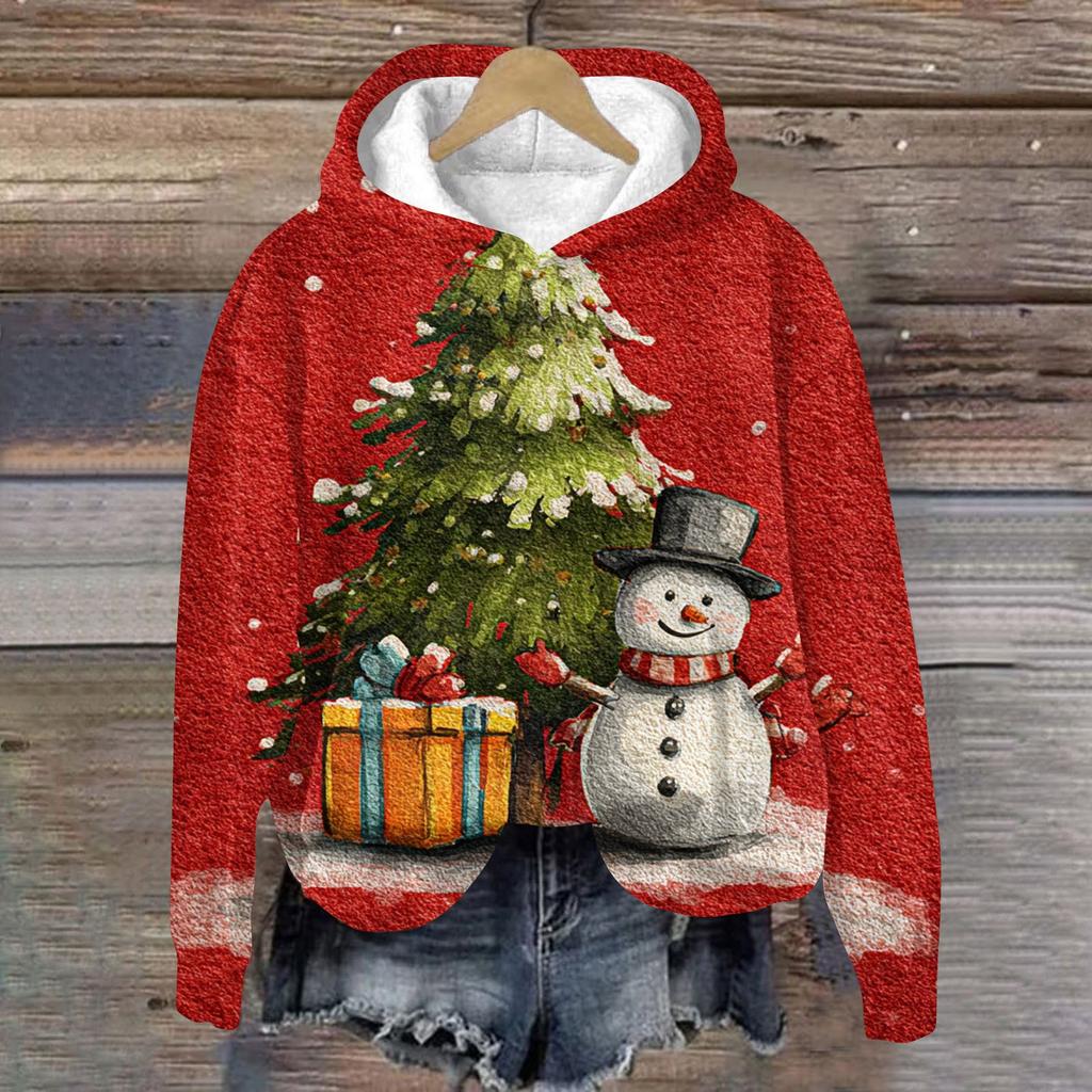 Women's Fashion Long Sleeve Christmas Print Loose Hooded Sweatshirt Top