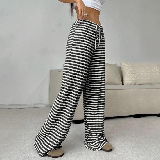 Women Pants Elastic Waist Adjustable Drawstring Striped Casual Wide Leg Trousers Design Loose Fit Daily