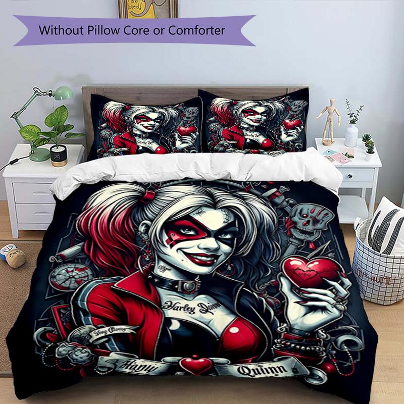 3pcs Duvet Cover Set (1*Duvet Cover + 2*Pillowcase, Without Core), Harley Quinn Joker Print Bedding Set, Bedroom Decor, All‑Season, Birthday Gift