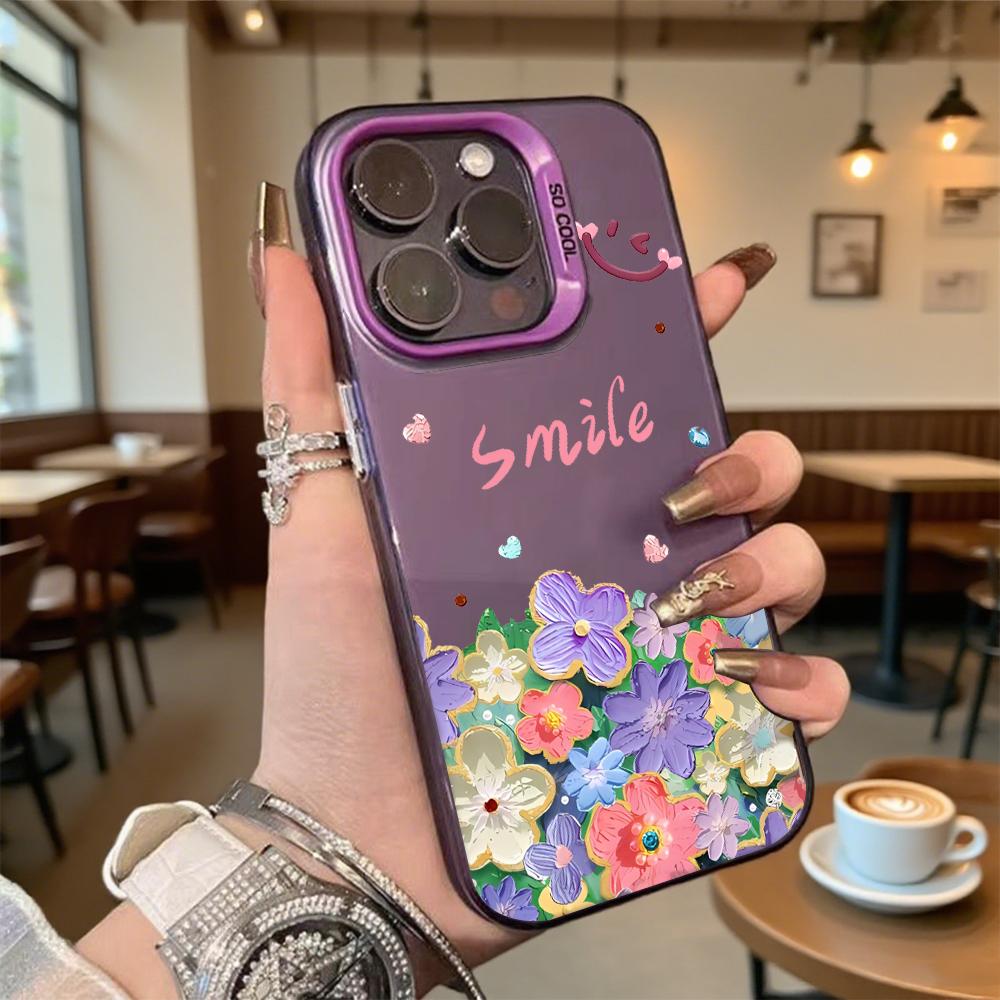 Smile with Colorful Flowers Hard Phone Case for Iphone 16 15 14 13 12 11 Pro Max Mini Shockproof Anti-Scratch Protective Cover