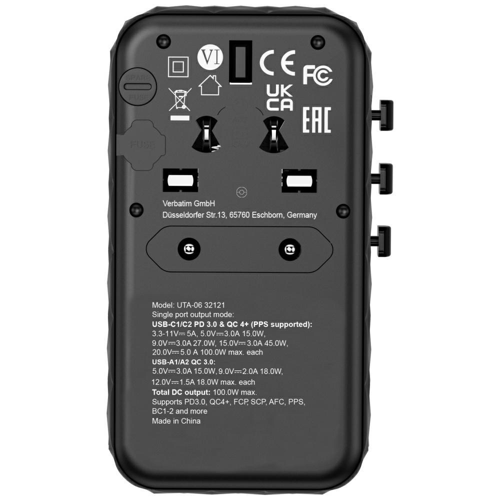 Verbatim Adapter Podróżny Eu/Uk/Us Gan2Xusb-A/2Xusb-C Pd 100W Uta-06 Czarny/Black 32121
