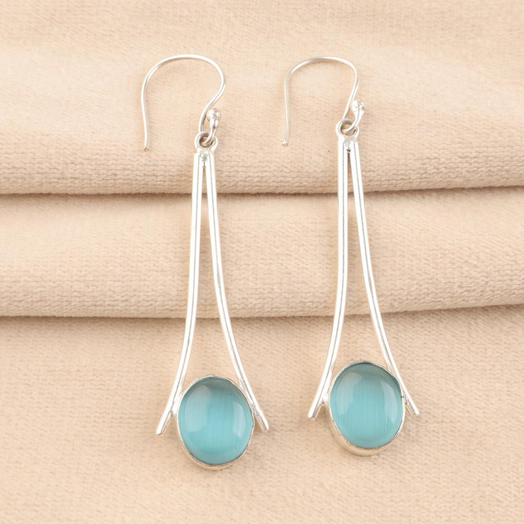 Blue Cat's Eye Gemstone 925 Sterling Silver Jewelry Handcrafted Earrings 2.63" EE-136-39