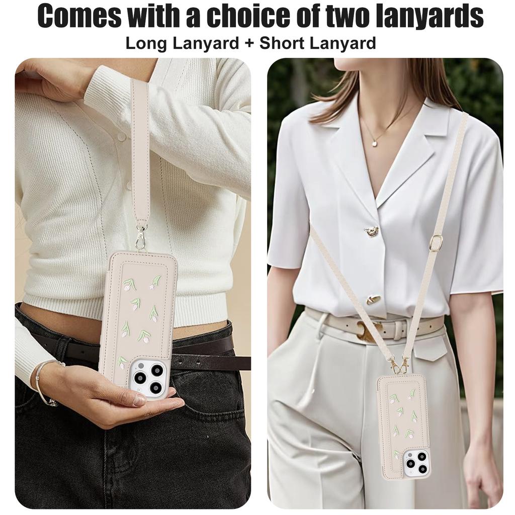 For iPhone 16 Pro Max Case Embroidered Tulips PU Leather Card Holder Back Cover with Shoulder Strap/Wrist Strap