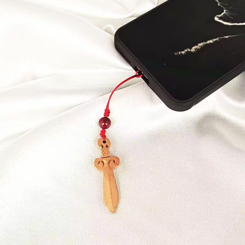 Hand-Carved Purple Gold Cinnabar Beaded Wooden Sword Pendant USB Phone Chain