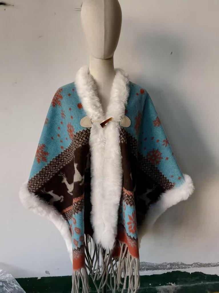 Elegant Women's Floral Ink Wash Shawl - Soft Cashmere Feel, Tassel Detail Cape