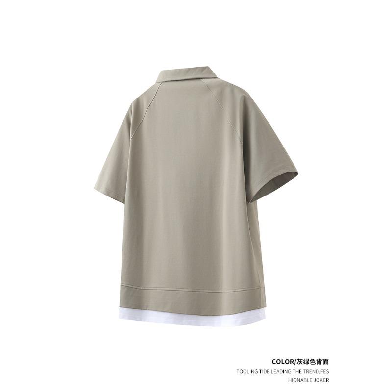 Men Turn Down Collar Short Sleeve Polo Shirt Fake Two Piece Raglan Casual Loose Daily Tops