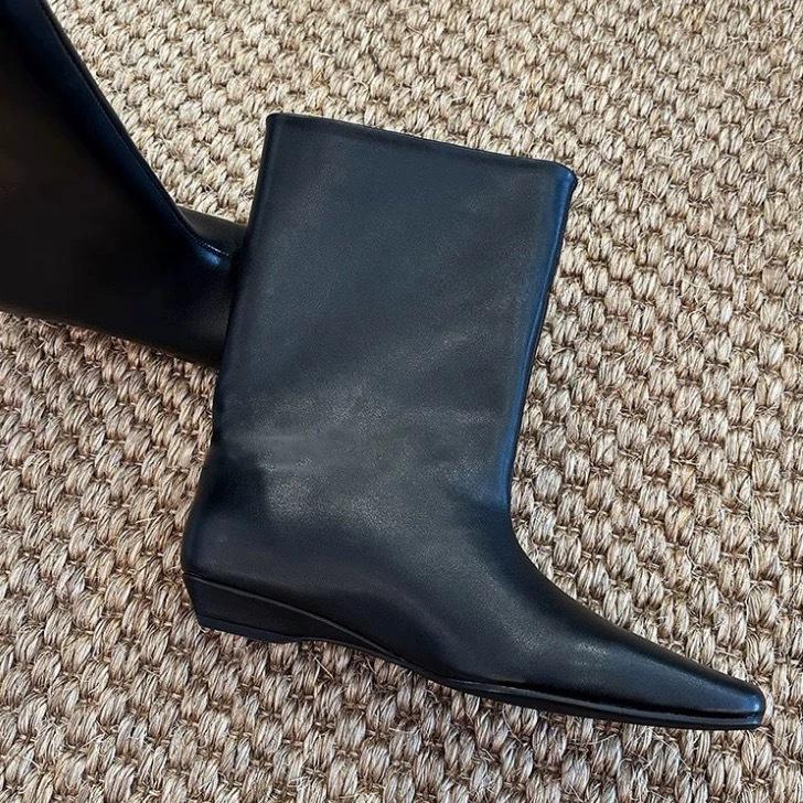 Cowhide version~ Korean niche small square head slope straight mid-tube boots women's 2025 new thin boots Chelsea boots