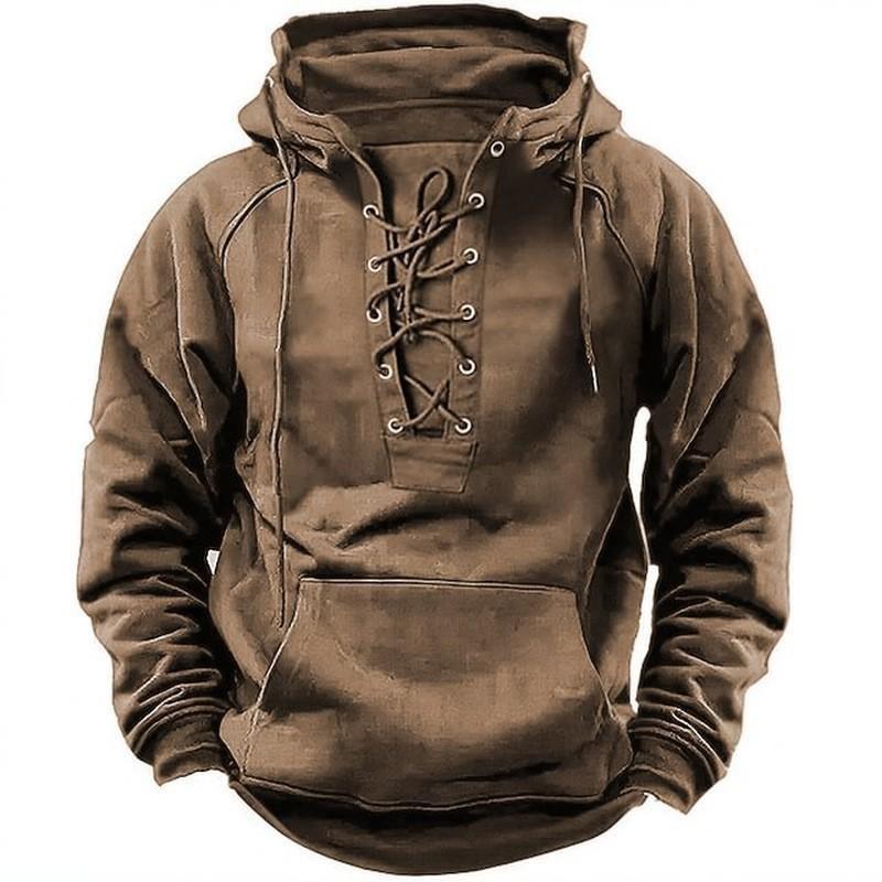 Herren Outdoor Retro Schnür-Kapuzen Langarm T-Shirt - Einfarbig, Übergröße, Herbst Freizeit-Oberteil
