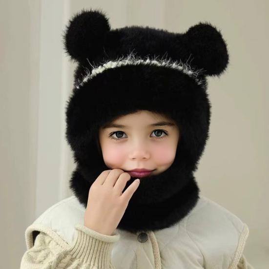 Children Hat with Face Guard Double Plush Ball Decor Solid Color Windproof Ear Protection Baby Hat Woolen Knitted Hat