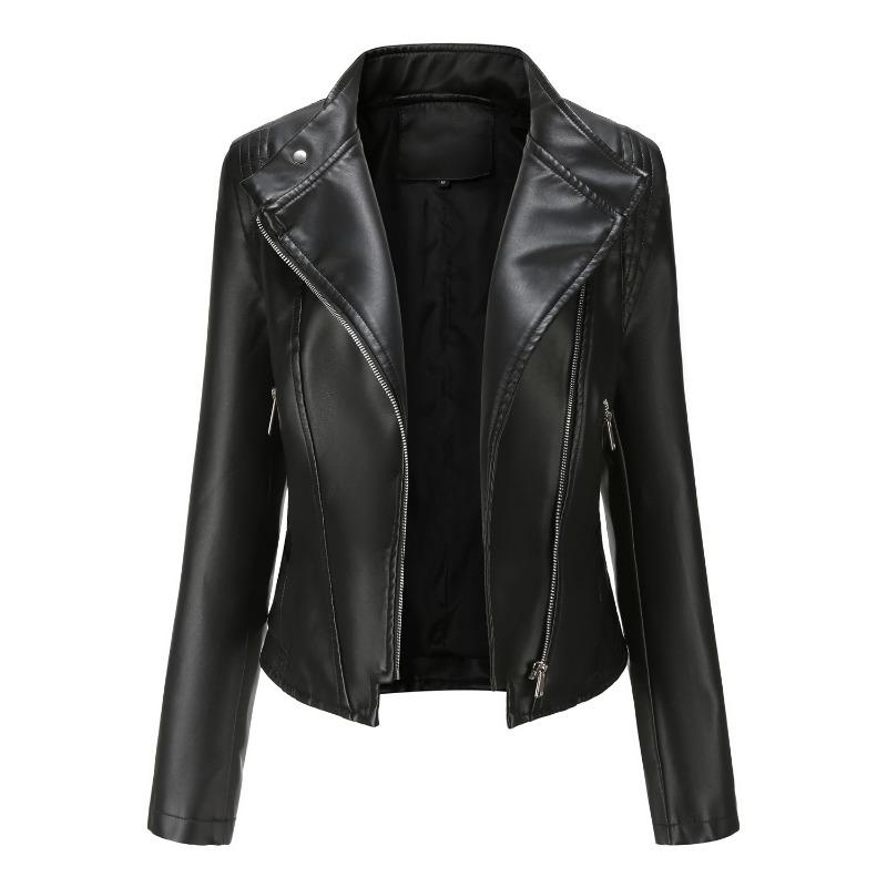 

New lapel women s slim leather jacket women s spring and autumn thin long-sleeved jacket short women s jacket S чорний