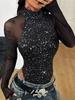 2025 European & American Shiny Patchwork Mesh Bodysuit T-shirt
