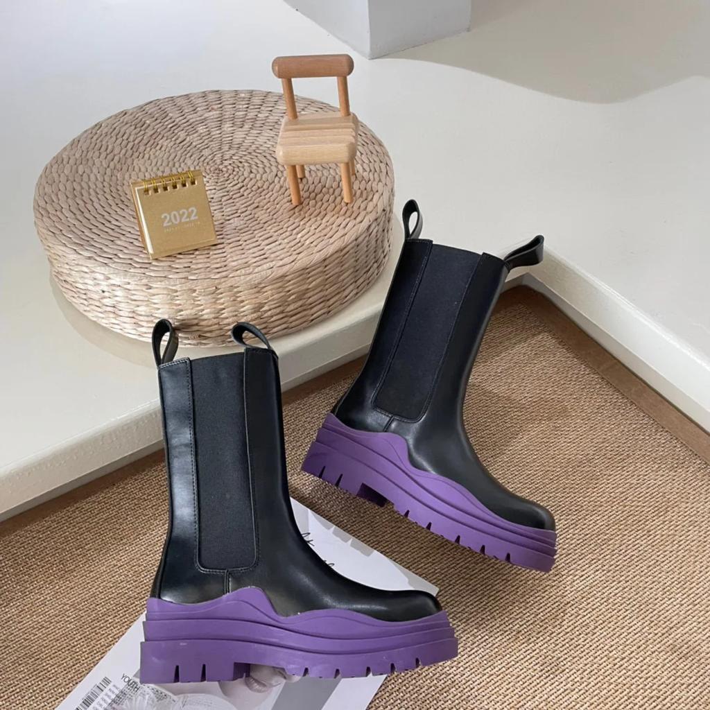 Fashion 2025 New Chelsea Boots Women/man Couple Models Platform Mid Boots Round Toe Slip On Rain Boots Leather Fashion Large Size Shoes