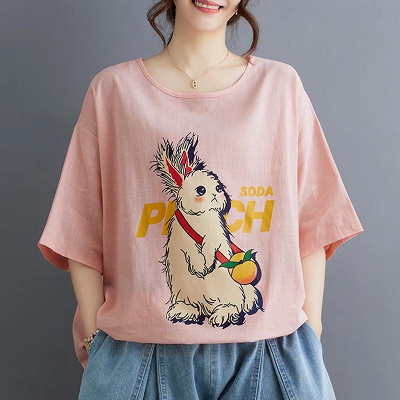 Tops for Women Cotton Summer Large Size T-shirt Round Neck Loose Rabbit Printed Casual Pullover T-shirt Top