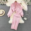 Solid Color Knitwear Set Lace Up Chinese Knitted Cardigan Women Sweater Coat Camisole Dress Two Piece Set Women Outfits