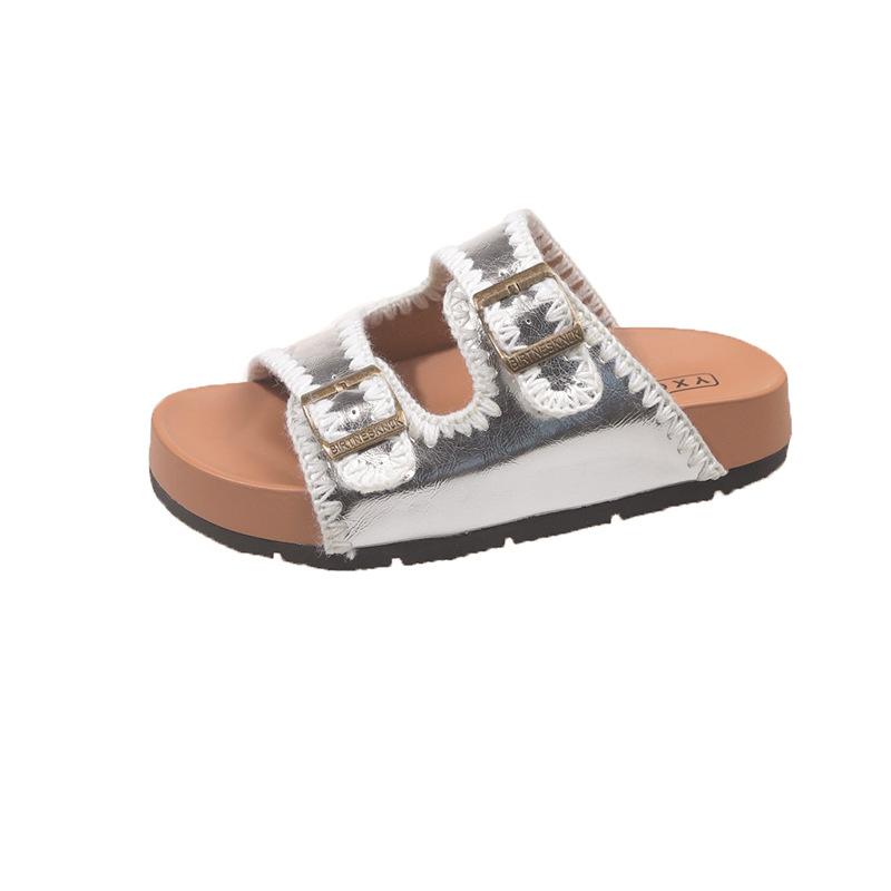

Мори ретро однословные сандалии с двойной пряжкой на толстой подошве для женской уличной обуви 2025 новые сандалии-шлепанцы Birkencool с одной педалью 35 серебряный