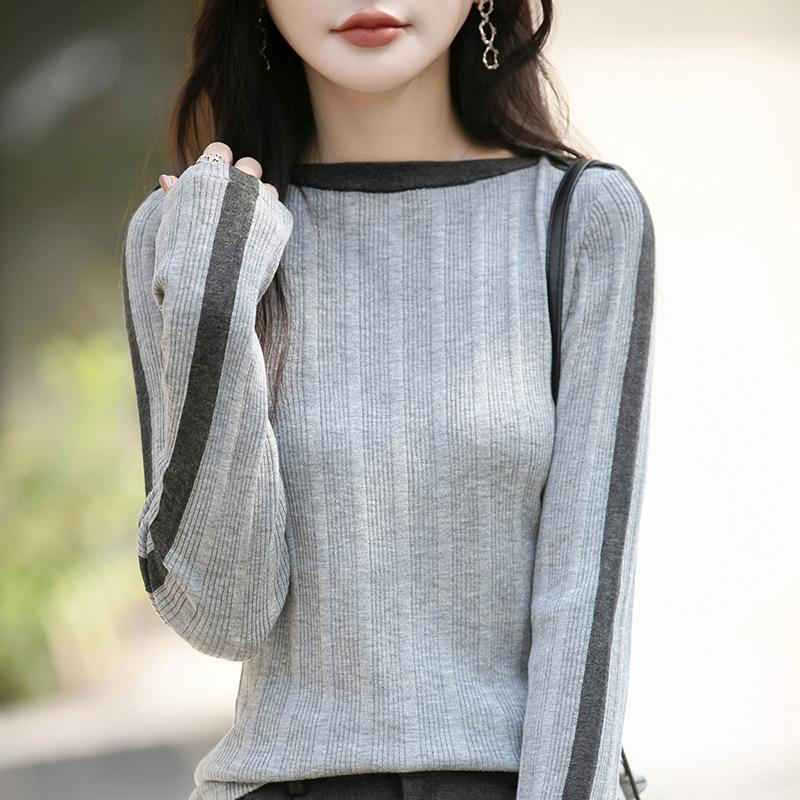 Women's Beige Ribbed Knit Top Contrast Collar Long Sleeve Fit Autumn Casual Fashion Comfortable Knit Sweater