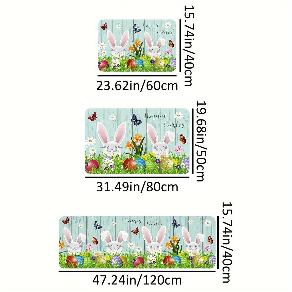 1Pcs Easter Themed Kitchen Mat Soft  Cute Bunny Egg And Wood Grain Print Kitchen Floor Mat Waterproof Non-slip Oil-proof Floor Mat Runner Rug