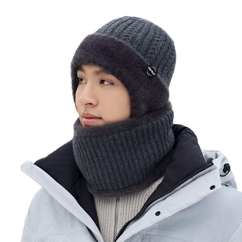 Men's Winter Black Velvet Pullover Hat & Scarf Set for Cycling - Windproof and Warm