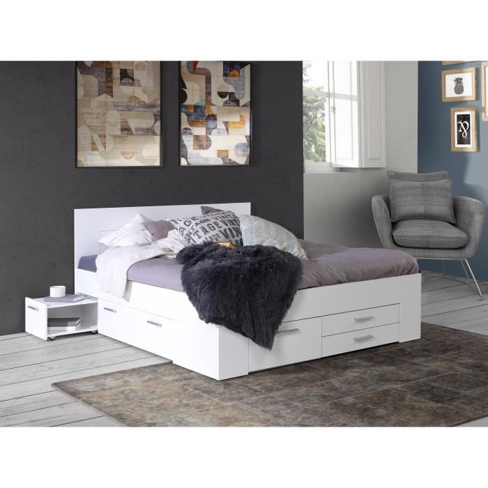 Contemporary Adult Bed 160x200 Cm - 4 Drawers - 2 Bedside Tables with Niche - Matt White Decor - UDINE