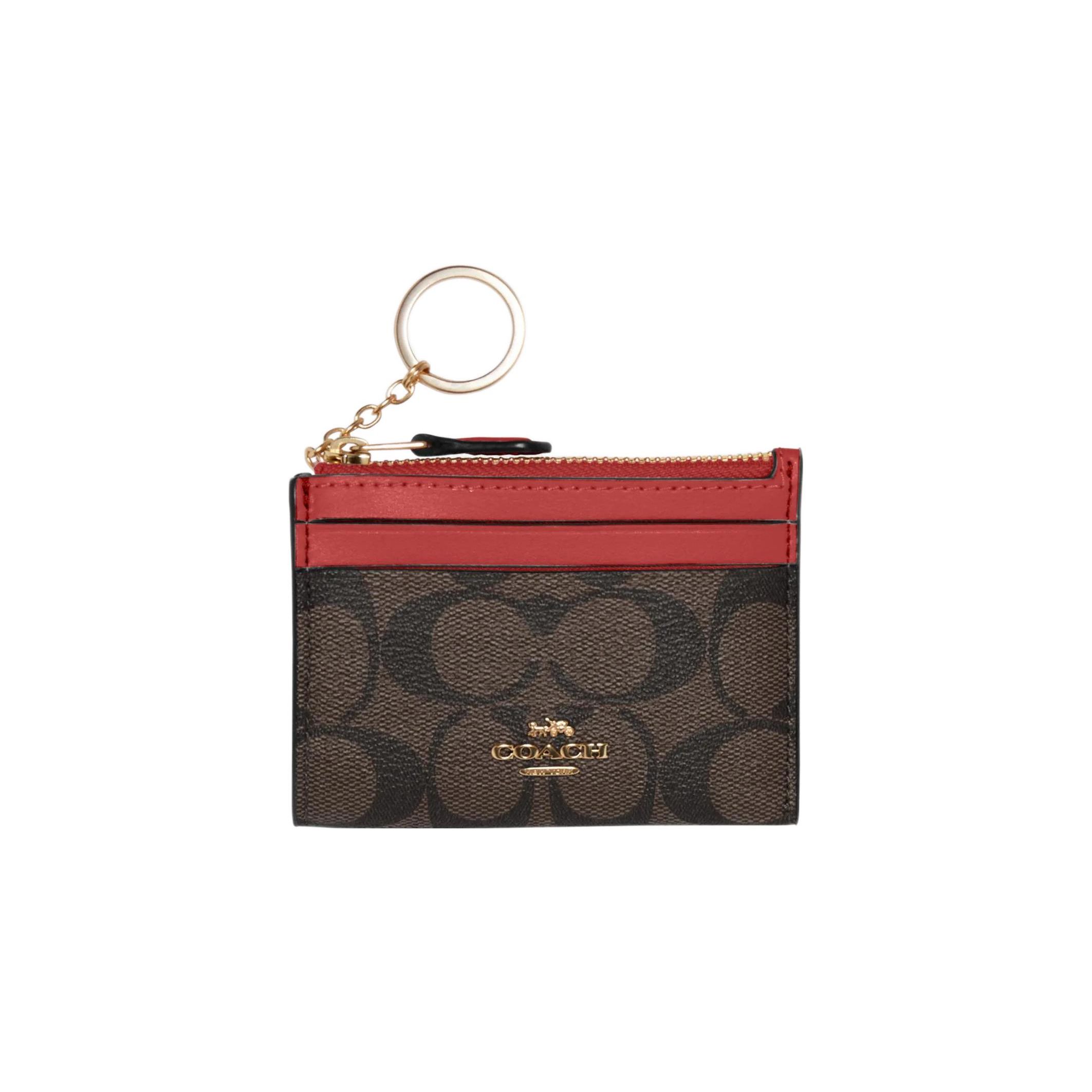 Coach Mini Skinny ID Case Signature Canvas Brown 1941 Red Gold Hardware 88208-IMRVQ Basic Set (Bag+Dust Bag)