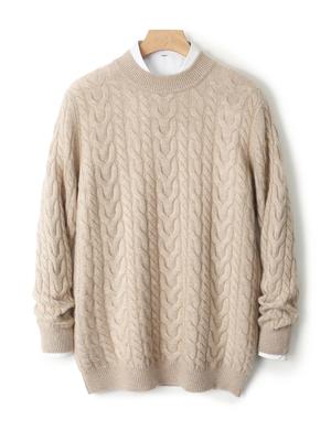 Men's Soft 100% Wool Cable Knit Sweater - Half-High Neck, Loose Fit, Business Casual