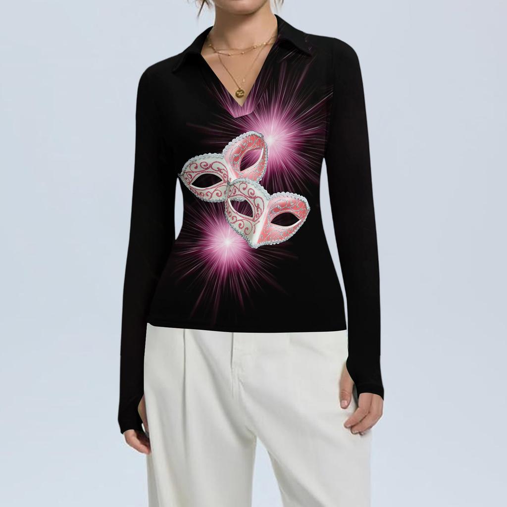 Damenmode Lässig Bedruckt V-Ausschnitt Langarm Knopfleiste Oberteil