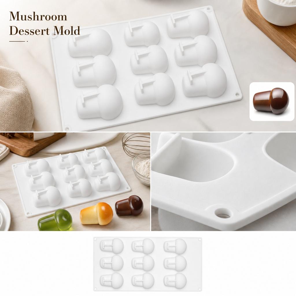 Silicone Baking Mold 9 Cavities Mushroom Shape Pudding Mold Flexible Non-Stick DIY Dessert Mold for Oven Microwave and Freezer Use