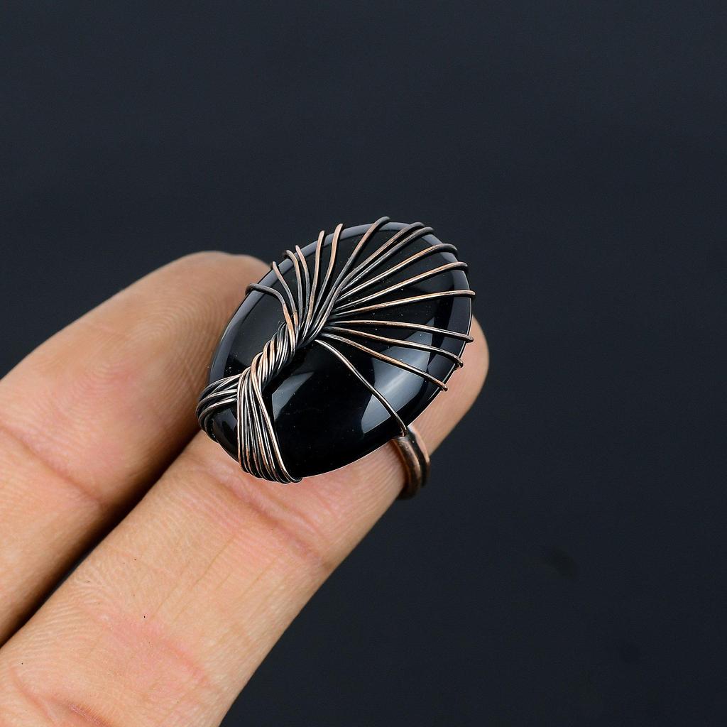 Baum des Lebens Schwarzer Onyx Edelstein Kupferdraht gewickelt handgefertigter Schmuckring als Geschenk