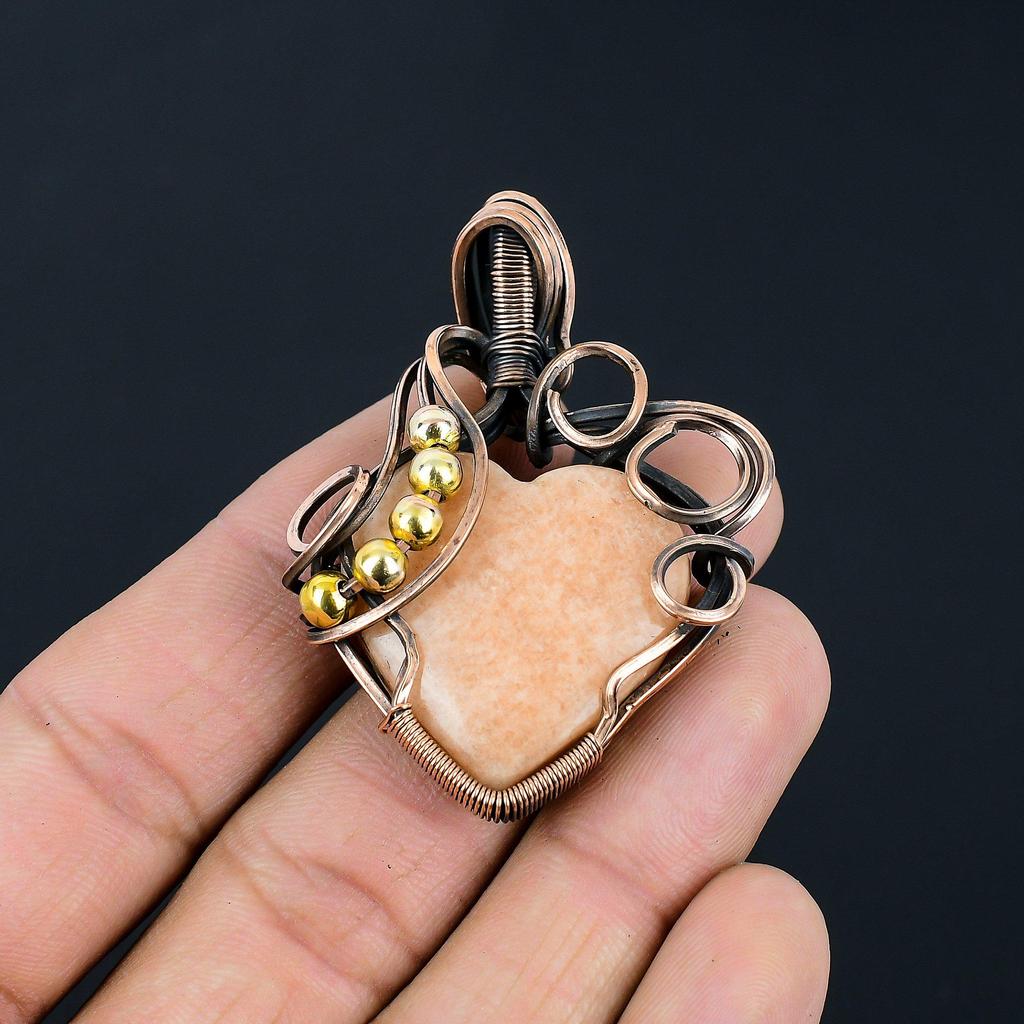 Orange Amazonite Gemstone Handmade Pure Copper Wire Wrap Jewelry Pendant For Women