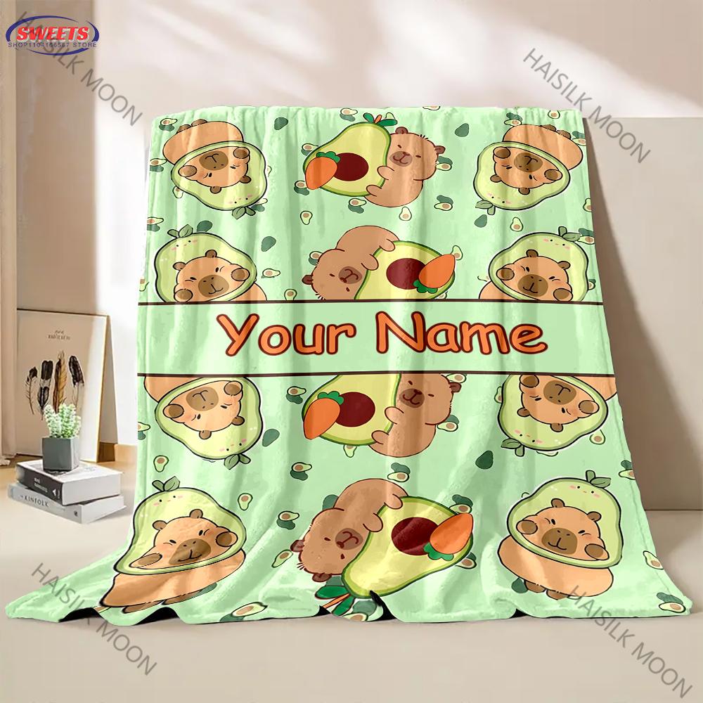 Cute Capybara Cartoon Flannel Fluffy Throw With Exclusive Name Camping Blanket for Children Sofa Throw Thin Blanket Fashion Gift